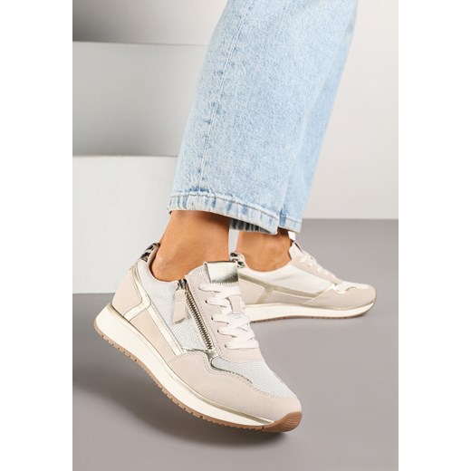 Beżowe Sneakersy z Metalicznymi Wstawkami i Ozdobnym Suwakiem Alanatia ze sklepu born2be.pl w kategorii Buty sportowe damskie - zdjęcie 178442041