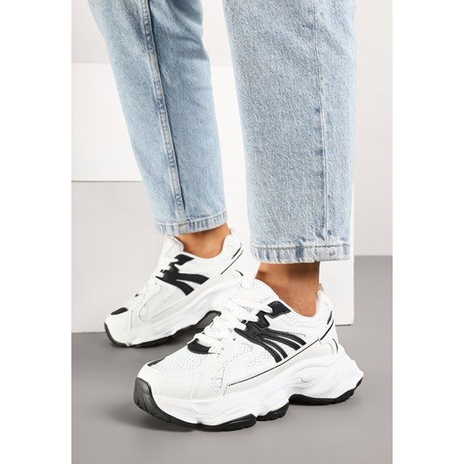 Białe Sneakersy na Grubej Tłoczonej Podeszwie z Metaliczną Wstawką Alanelis ze sklepu born2be.pl w kategorii Buty sportowe damskie - zdjęcie 178446843