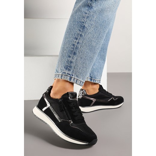Czarne Sneakersy z Metalicznymi Wstawkami i Ozdobnym Suwakiem Alanatia ze sklepu born2be.pl w kategorii Buty sportowe damskie - zdjęcie 178451534