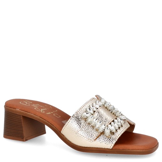 Eleganckie skórzane klapki - OH! MY SANDALS 5353 ZŁOTE ze sklepu Tymoteo.pl - sklep obuwniczy w kategorii Klapki damskie - zdjęcie 178467062