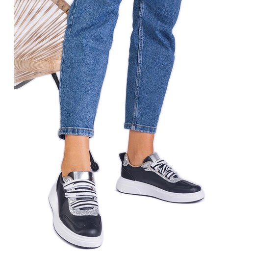 Czarne sneakersy damskie zdobione brokatem ze sklepu ButyModne.pl w kategorii Buty sportowe damskie - zdjęcie 178475321