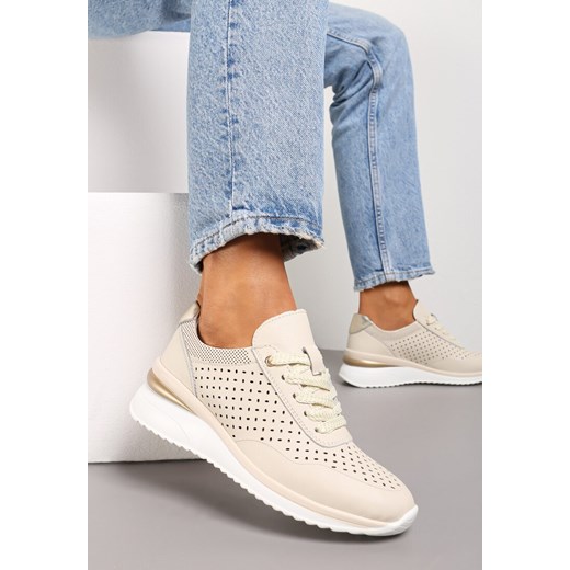 Beżowe Sneakersy ze Skóry Naturalnej z Ozdobnymi Wstawkami Molma ze sklepu renee.pl w kategorii Buty sportowe damskie - zdjęcie 178481272