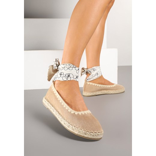Ciemnobeżowe Espadryle ze Wzorzystym Wiązaniem Przy Kostce Zdobione Plecionką Lortevia ze sklepu renee.pl w kategorii Espadryle damskie - zdjęcie 178482614
