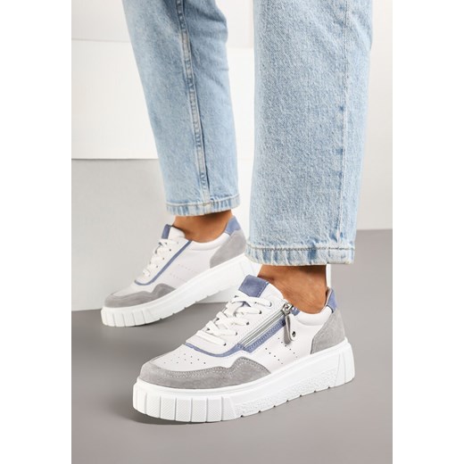 Biało-Szare Streetwearowe Sneakersy ze Skóry Naturalnej z Ozdobnym Suwakiem Eleavenna ze sklepu renee.pl w kategorii Buty sportowe damskie - zdjęcie 178482764