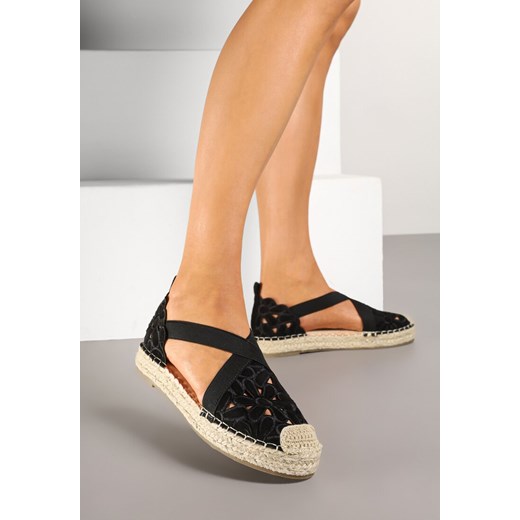 Czarne Płaskie Espadryle z Ażurową Cholewką Elearosea ze sklepu renee.pl w kategorii Espadryle damskie - zdjęcie 178483004