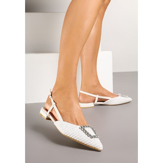Białe Sandały Slingback na Płaskiej Podeszwie z Klamrą i Cyrkoniami Nonithiel ze sklepu renee.pl w kategorii Czółenka - zdjęcie 178483574