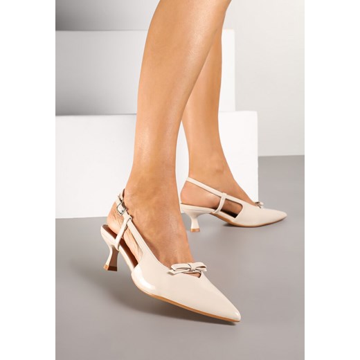 Beżowe Sandały Lakierowane na Kaczuszce Typu Slingback z Kokardą Nonarilin ze sklepu renee.pl w kategorii Czółenka - zdjęcie 178483874