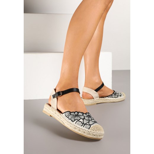 Czarne Sandały Espadryle na Płaskiej Podeszwie Ozdobione Plecionką i Koronką Lealieta ze sklepu renee.pl w kategorii Espadryle damskie - zdjęcie 178484984