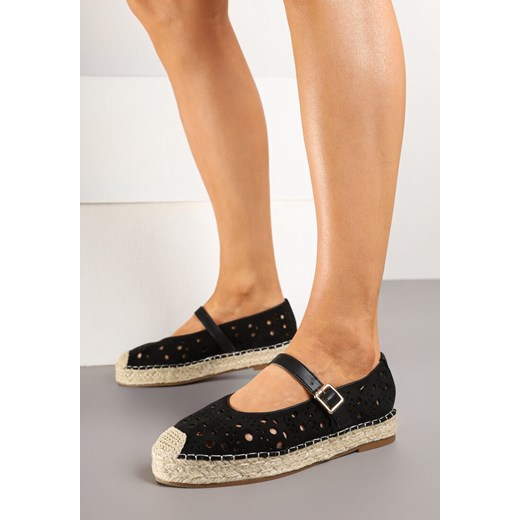 Czarne Płaskie Espadryle z Plecionką i Ażurową Cholewką Aralithra ze sklepu renee.pl w kategorii Espadryle damskie - zdjęcie 178486664