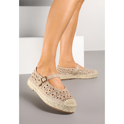 Beżowe Płaskie Espadryle z Plecionką i Ażurową Cholewką Aralithra ze sklepu renee.pl w kategorii Espadryle damskie - zdjęcie 178486670