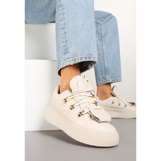 Beżowe Sneakersy na Platformie Ozdobione Wstawką i Rzemykami na Języku Barilsa ze sklepu renee.pl w kategorii Buty sportowe damskie - zdjęcie 178488062