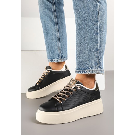 Czarne Sneakersy na Platformie z Siateczką i Cyrkoniowym Sznurowaniem Warelna ze sklepu renee.pl w kategorii Buty sportowe damskie - zdjęcie 178488803