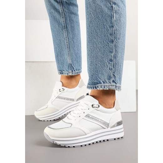 Białe Sneakersy na Niskiej Platformie z Brokatem i Metaliczną Wstawką Fennena ze sklepu renee.pl w kategorii Buty sportowe damskie - zdjęcie 178489823