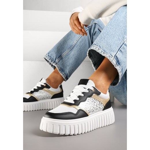 Czarno-Białe Sneakersy na Platformie z Tłoczeniami Zdobione Panterkowym Printem Herraza ze sklepu renee.pl w kategorii Buty sportowe damskie - zdjęcie 178491263
