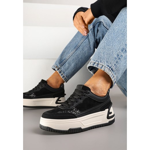 Czarno-Białe Sneakersy na Tłoczonej Platformie Ozdobione Wzorem w Panterkę Deoranae ze sklepu renee.pl w kategorii Buty sportowe damskie - zdjęcie 178493561