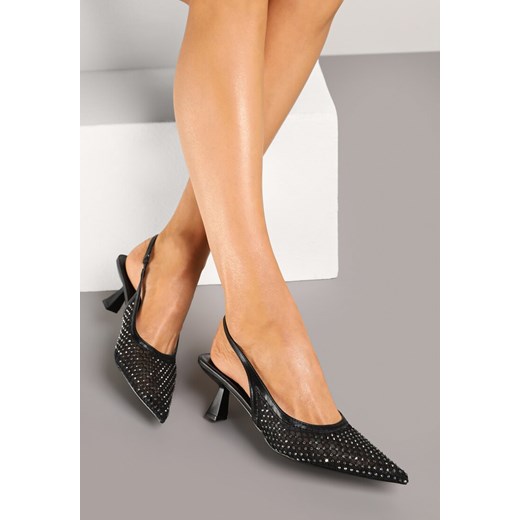 Czarne Sandały na Kaczuszce Slingback z Siateczkową Cholewką Ozdobione Cyrkoniami Vilfitis ze sklepu renee.pl w kategorii Czółenka - zdjęcie 178494970