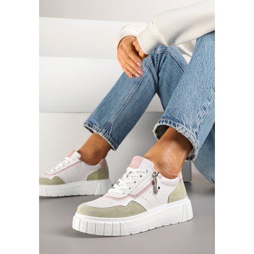 Biało-Zielone Streetwearowe Sneakersy ze Skóry Naturalnej z Ozdobnym Suwakiem Eleavenna ze sklepu renee.pl w kategorii Buty sportowe damskie - zdjęcie 178495564