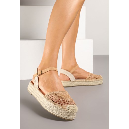 Ciemnobeżowe Sandały w Stylu Espadryli z Plecioną Platformą i Cholewką Elisova ze sklepu renee.pl w kategorii Espadryle damskie - zdjęcie 178495954