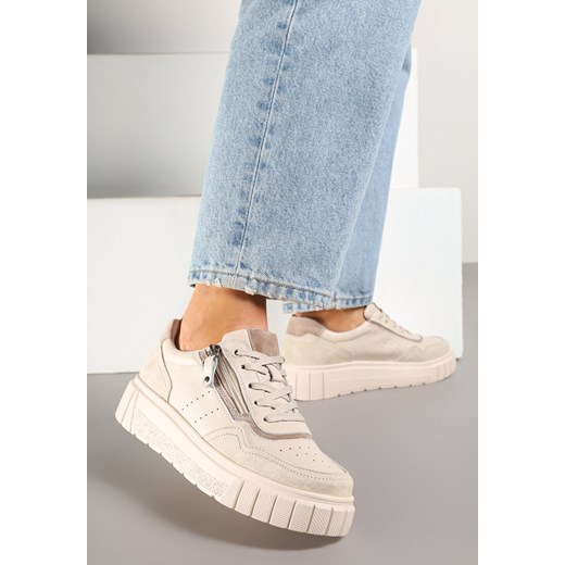 Beżowe Streetwearowe Sneakersy ze Skóry Naturalnej z Ozdobnym Suwakiem Eleavenna ze sklepu renee.pl w kategorii Buty sportowe damskie - zdjęcie 178496311