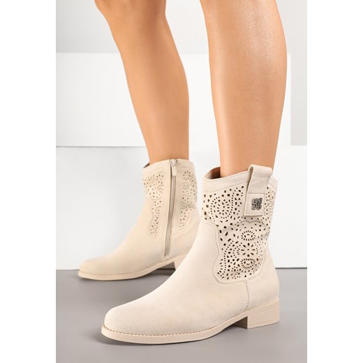 Beżowe Botki Kowbojki Ażurowe Efaliria ze sklepu renee.pl w kategorii Botki - zdjęcie 178498764