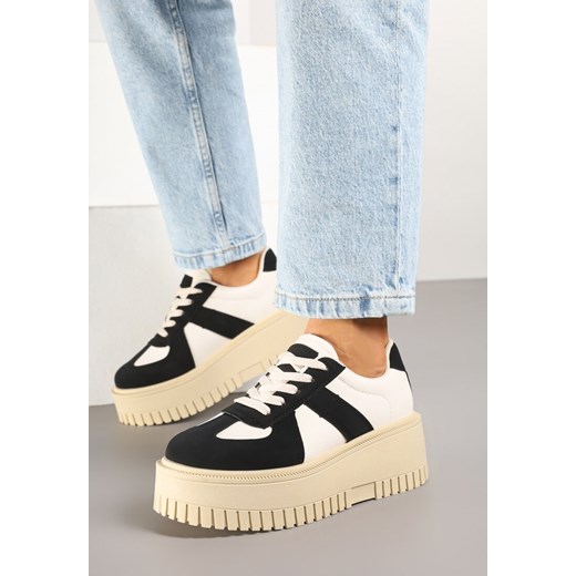 Czarno-Beżowe Sneakersy w Stylu Tenisówek na Platformie z Tłoczeniami Firreis ze sklepu born2be.pl w kategorii Buty sportowe damskie - zdjęcie 178503790