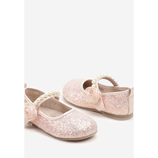 Różowe Balerinki ze Skórzaną Wkładką Cekinami Perłami i Kwiatem 3D Fonaria 31 promocja born2be.pl