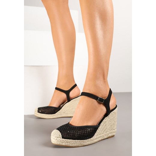 Czarne Sandały Siateczkowe w Stylu Espadryli na Koturnie z Plecionki Xaltewia ze sklepu born2be.pl w kategorii Espadryle damskie - zdjęcie 178529580