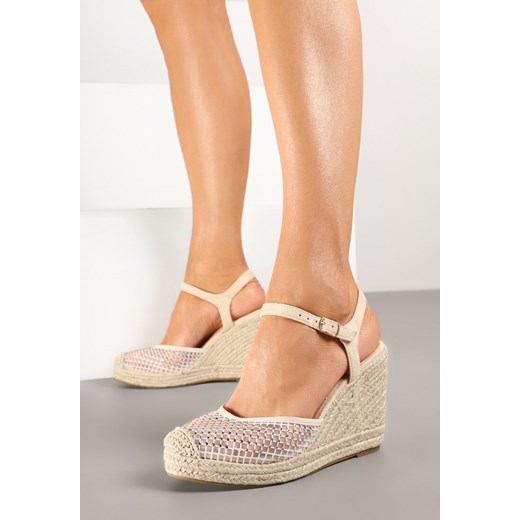 Beżowe Sandały Siateczkowe w Stylu Espadryli na Koturnie z Plecionki Xaltewia ze sklepu born2be.pl w kategorii Espadryle damskie - zdjęcie 178529583