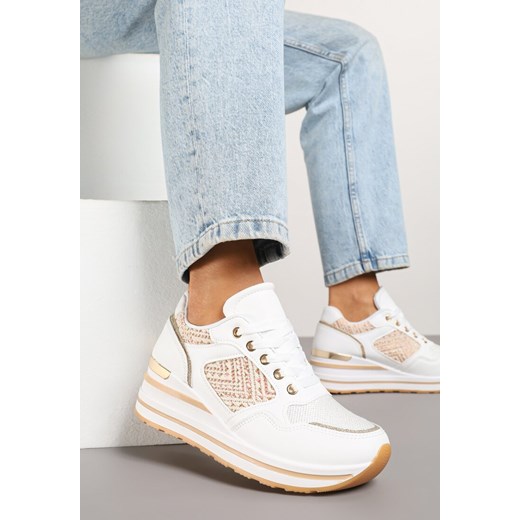 Białe Sneakersy na Koturnie z Geometrycznym Wzorem i Brokatem Tillineira ze sklepu renee.pl w kategorii Buty sportowe damskie - zdjęcie 178540172