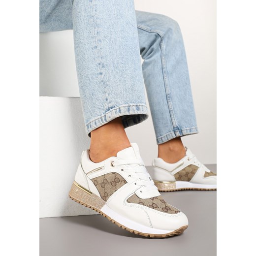 Biało-Brązowe Sneakersy z Ozdobnymi Przeszyciami i Metaliczną Wstawką Miltia ze sklepu born2be.pl w kategorii Buty sportowe damskie - zdjęcie 178541921