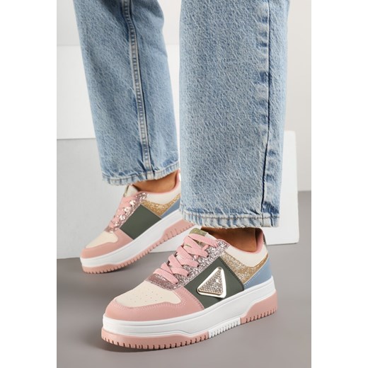 Różowo-Zielone Sneakersy Ozdobione Brokatem Cyrkoniami i Perforacją Tillitara ze sklepu born2be.pl w kategorii Buty sportowe damskie - zdjęcie 178560053