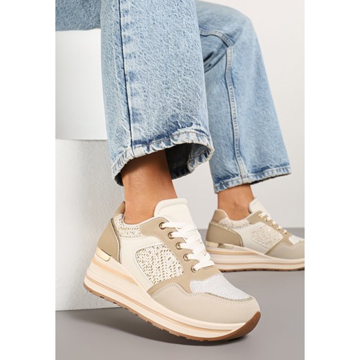 Beżowe Sneakersy na Koturnie z Geometrycznym Wzorem i Brokatem Tillineira ze sklepu renee.pl w kategorii Buty sportowe damskie - zdjęcie 178560304