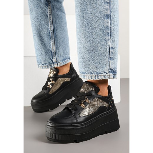 Czarne Sneakersy Vices na Platformie Ozdobione Brokatem Ldivana ze sklepu renee.pl w kategorii Buty sportowe damskie - zdjęcie 178562932