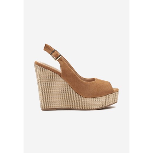 Brązowe Sandały z Imitacji Zamszu na Koturnie z Odkrytą Piętą Caldiva 38 born2be.pl okazja