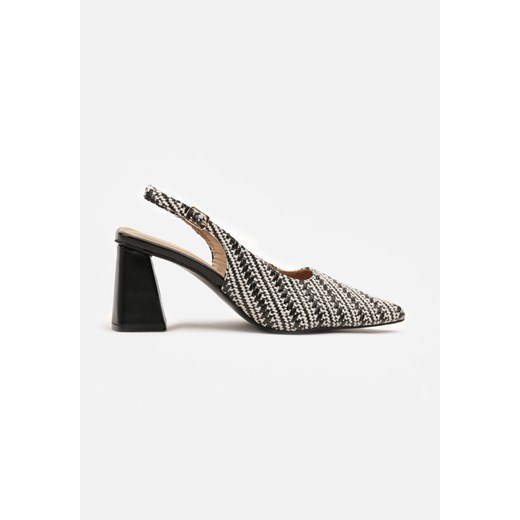 Czarne Sandały Slingback na Słupku z Tweedowymi Zdobieniami Grellia 37 born2be.pl