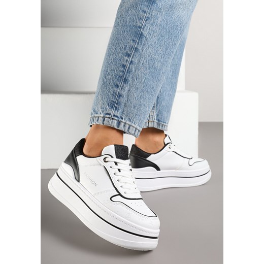 Biało-Czarne Sneakersy na Grubej Podeszwie z Napisem i Brokatem Odivena ze sklepu born2be.pl w kategorii Buty sportowe damskie - zdjęcie 178571562