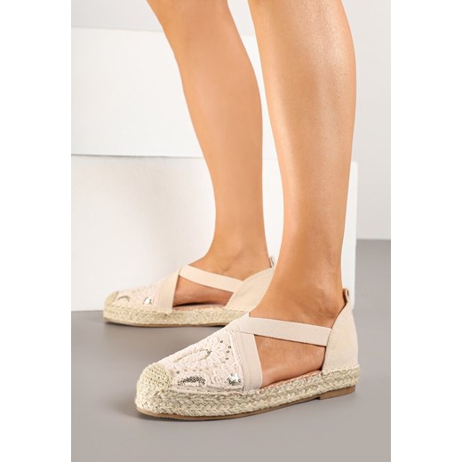 Beżowe Espadryle Boho z Haftem Elastycznymi Paskami i Plecionką Iloriva ze sklepu born2be.pl w kategorii Espadryle damskie - zdjęcie 178621413