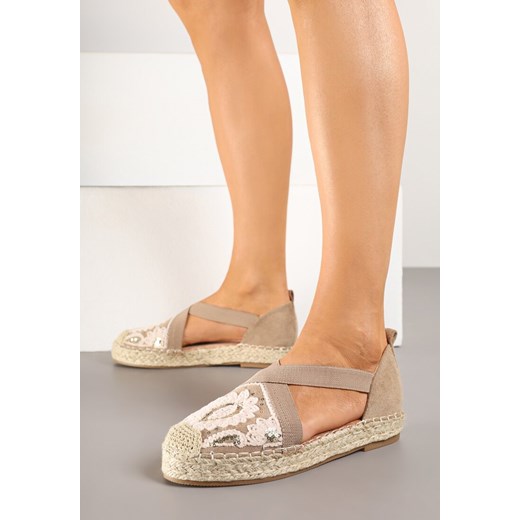 Ciemnobeżowe Espadryle w Stylu Boho Zdobione Haftem Cekinami i Plecionką Idariva ze sklepu renee.pl w kategorii Espadryle damskie - zdjęcie 178622000