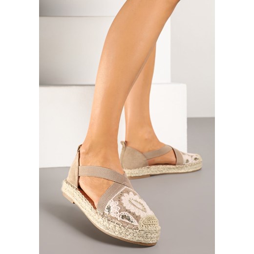 Ciemnobeżowe Espadryle Boho z Haftem Elastycznymi Paskami i Plecionką Iloriva ze sklepu born2be.pl w kategorii Espadryle damskie - zdjęcie 178623200