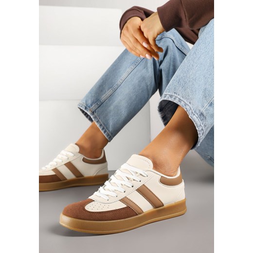 Beżowo-Białe Sneakersy w Stylu Klasycznych Tenisówek Zdobione Przeszyciami Ivelfia ze sklepu renee.pl w kategorii Buty sportowe damskie - zdjęcie 178641714