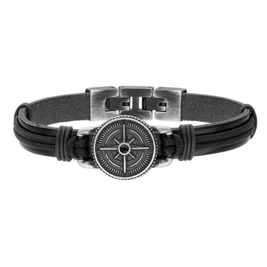 Czarny skórzany pasek męska bransoletka z różą wiatrów, kompasem ze sklepu manoki.pl w kategorii Bransolety - zdjęcie 178647634
