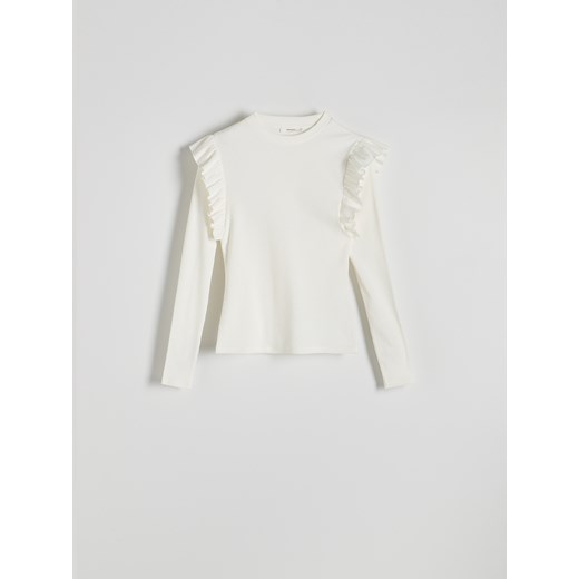 Reserved - Dzianinowy longsleeve z falbanami - złamana biel Reserved L Reserved