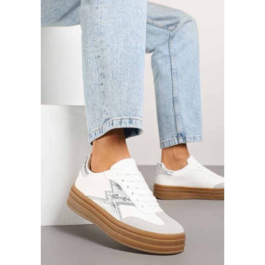 Srebrno-Białe Sneakersy w Stylu Tenisówek Ozdobione Geometrycznym Wzorem Tolivanna ze sklepu renee.pl w kategorii Buty sportowe damskie - zdjęcie 178652384