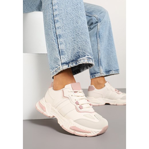 Beżowo-Różowe Sneakersy w Streetwearowym Stylu z Ozdobnymi Przeszyciami Isallena ze sklepu renee.pl w kategorii Buty sportowe damskie - zdjęcie 178652420