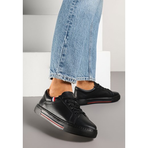 Czarne Sneakersy Skórzane Tenisówki z Ozdobną Perforacją Tilliane ze sklepu born2be.pl w kategorii Buty sportowe damskie - zdjęcie 178654614