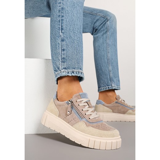 Ciemnobeżowe Sneakersy Skórzane z Ozdobnym Suwakiem Tillirella ze sklepu born2be.pl w kategorii Buty sportowe damskie - zdjęcie 178654620