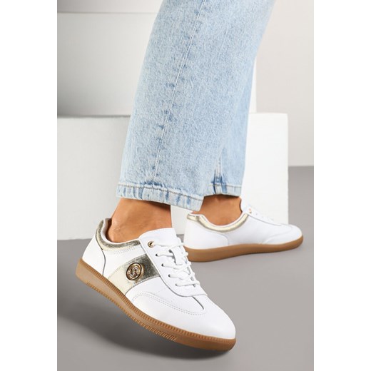Biało-Złote Skórzane Sneakersy Klasyczne Tenisówki z Metalicznym Zdobieniem Marins ze sklepu born2be.pl w kategorii Buty sportowe damskie - zdjęcie 178656943