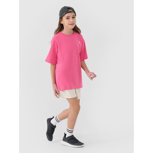 Dziewczęcy t-shirt oversize 4F 4FJWSS25TTSHF1851 - różowy ze sklepu Sportstylestory.com w kategorii Bluzki dziewczęce - zdjęcie 178657250