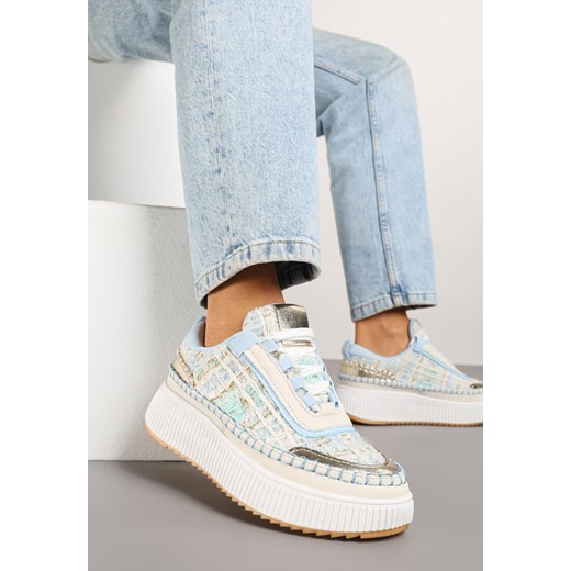 Biało-Niebieskie Sneakersy na Grubej Podeszwie Zdobione Tweedem i Przeszyciami Ulamoriela ze sklepu born2be.pl w kategorii Buty sportowe damskie - zdjęcie 178675662