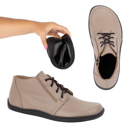 Buty damskie skórzane BAREFOOT lekko ocieplone za kostkę z zamkiem 787 beżowe ze sklepu butyolivier w kategorii Półbuty damskie - zdjęcie 178688853
